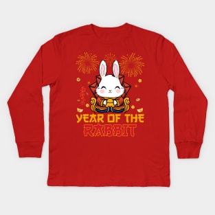 2023 Fireworks New Year Eve Dabbing Rabbit Chinese New Year Kids Long Sleeve T-Shirt